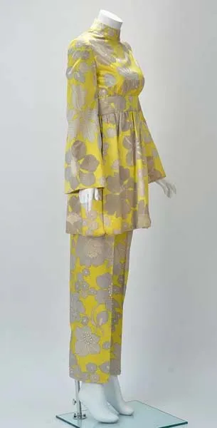 1960s George Halley Yellow Silk Tunic and Pant Suit