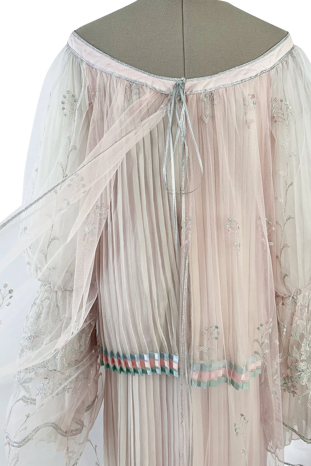 1976 Bill Gibb Couture Pleated Silk Chiffon Skirt w Metallic Thread Embroidered Silk Net Coat