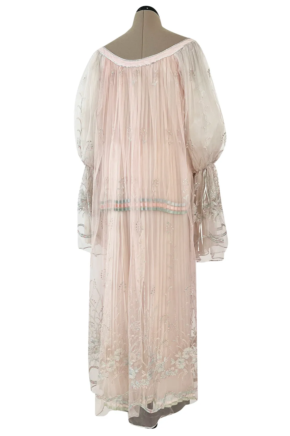 1976 Bill Gibb Couture Pleated Silk Chiffon Skirt w Metallic Thread Embroidered Silk Net Coat