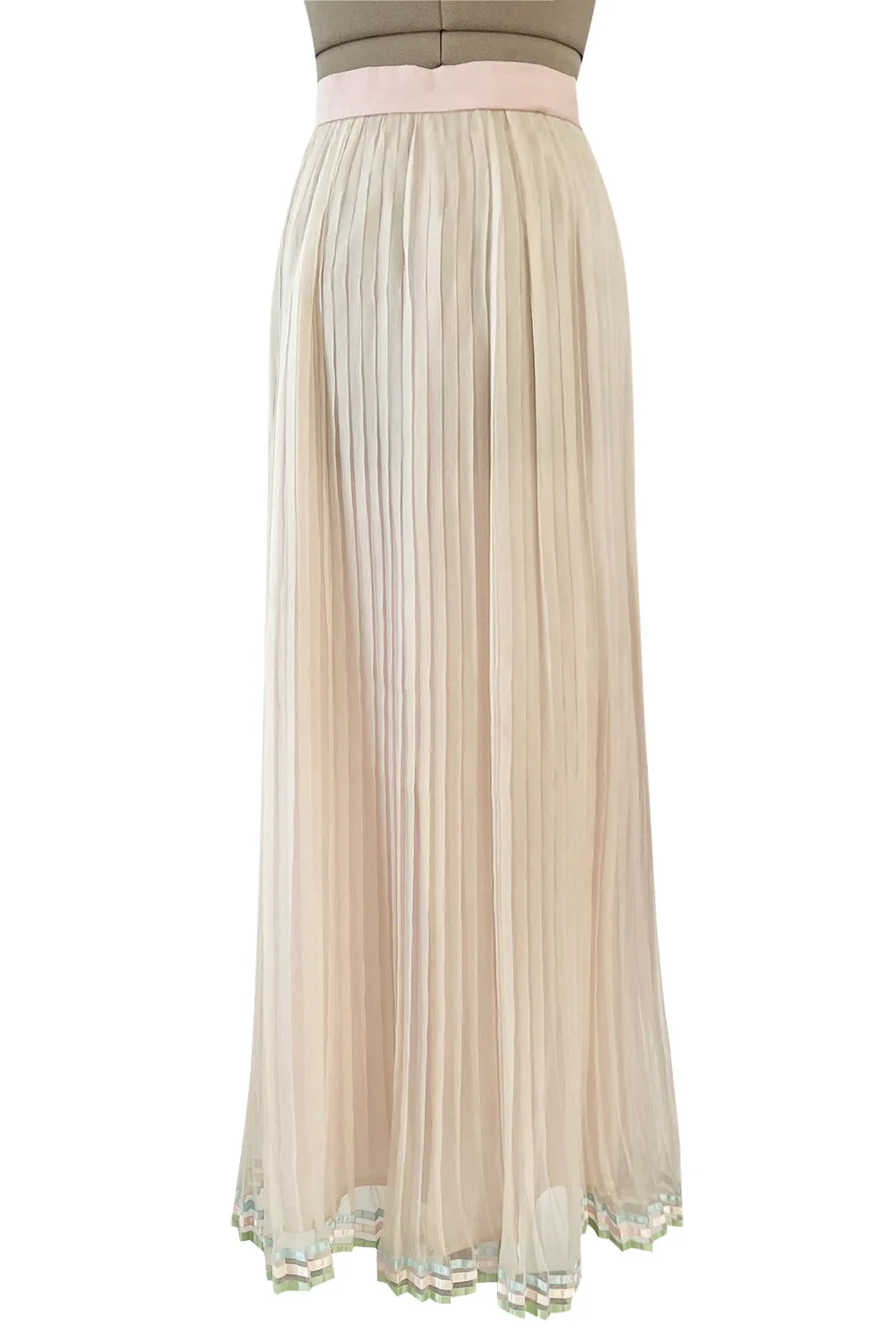 1976 Bill Gibb Couture Pleated Silk Chiffon Skirt w Metallic Thread Embroidered Silk Net Coat