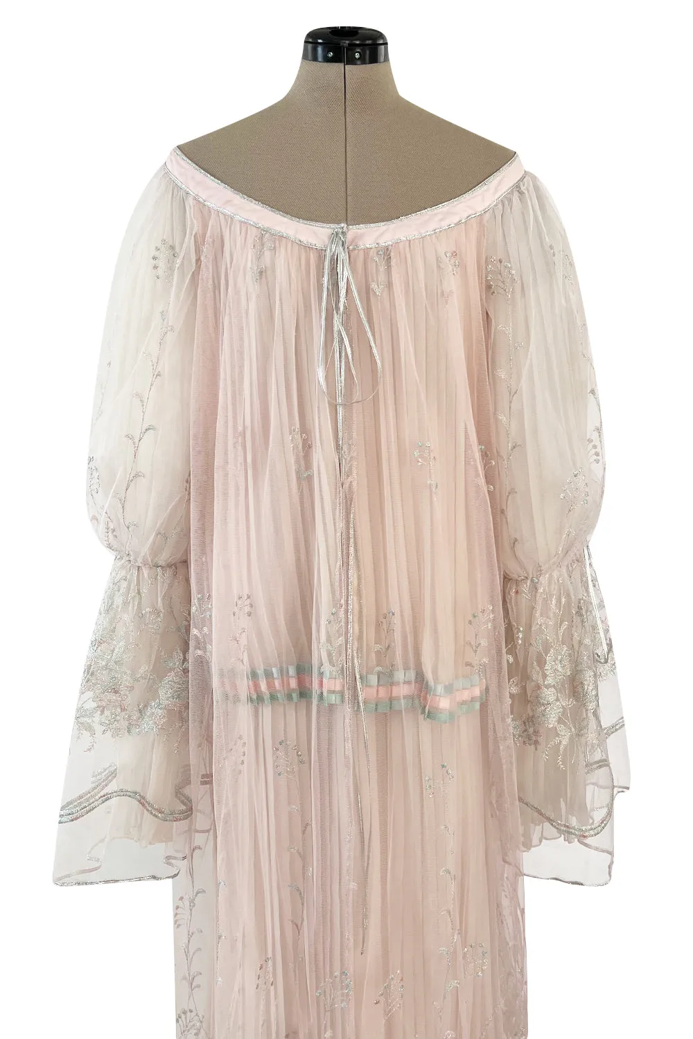 1976 Bill Gibb Couture Pleated Silk Chiffon Skirt w Metallic Thread Embroidered Silk Net Coat
