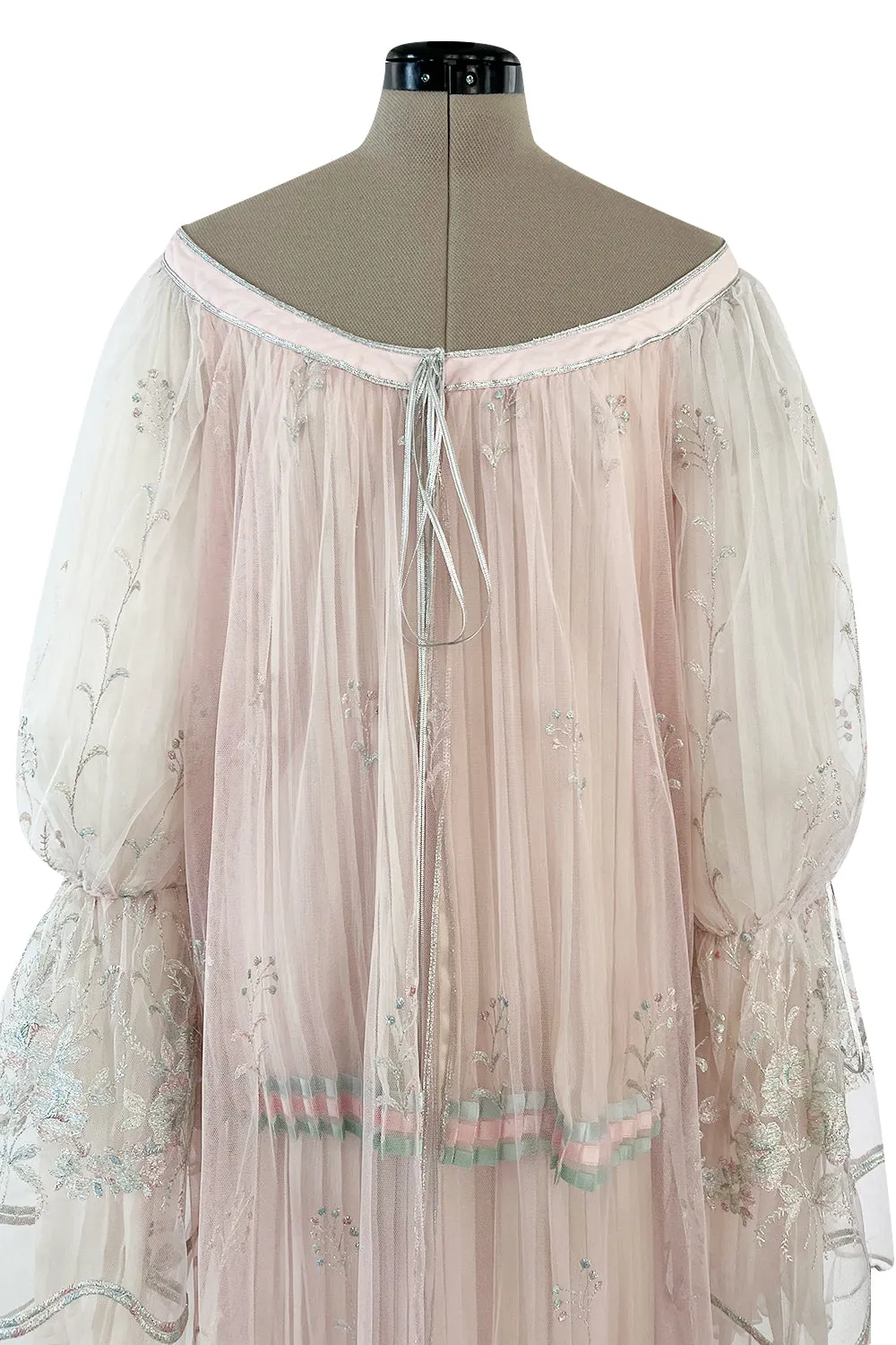 1976 Bill Gibb Couture Pleated Silk Chiffon Skirt w Metallic Thread Embroidered Silk Net Coat