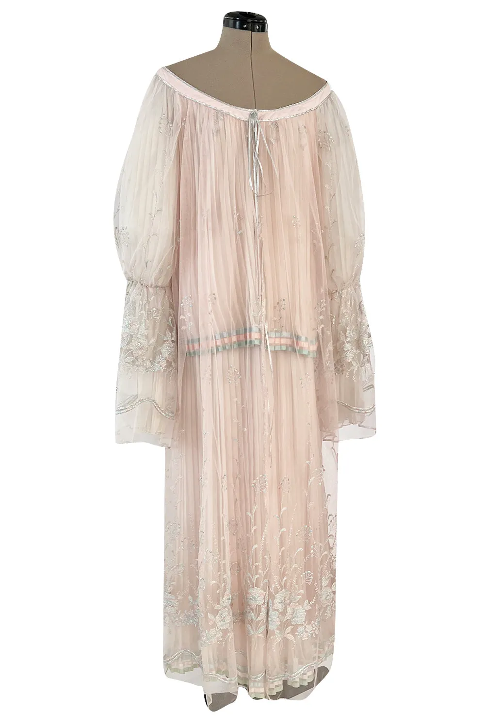 1976 Bill Gibb Couture Pleated Silk Chiffon Skirt w Metallic Thread Embroidered Silk Net Coat