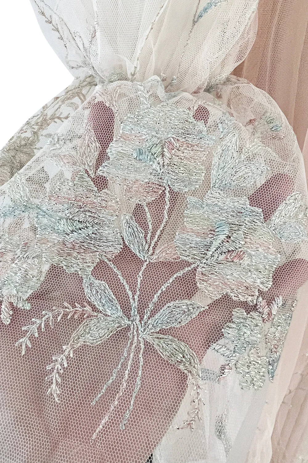 1976 Bill Gibb Couture Pleated Silk Chiffon Skirt w Metallic Thread Embroidered Silk Net Coat