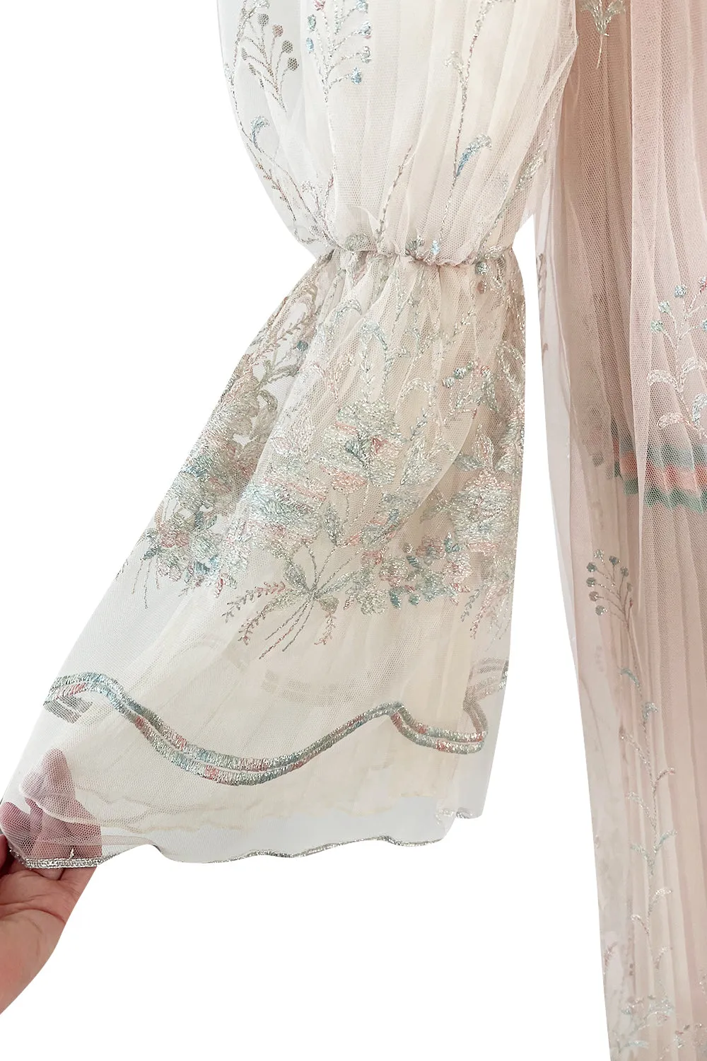 1976 Bill Gibb Couture Pleated Silk Chiffon Skirt w Metallic Thread Embroidered Silk Net Coat
