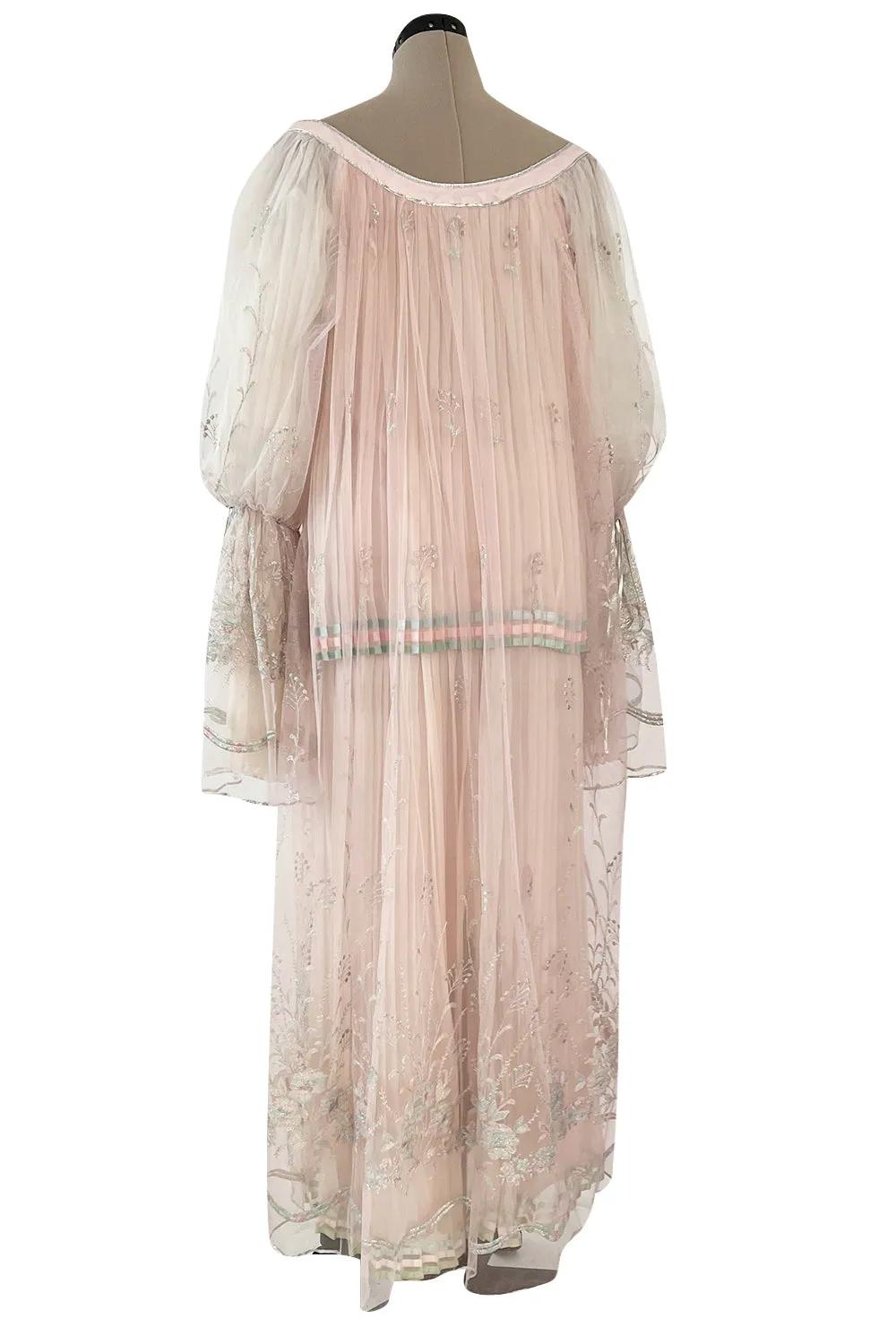1976 Bill Gibb Couture Pleated Silk Chiffon Skirt w Metallic Thread Embroidered Silk Net Coat