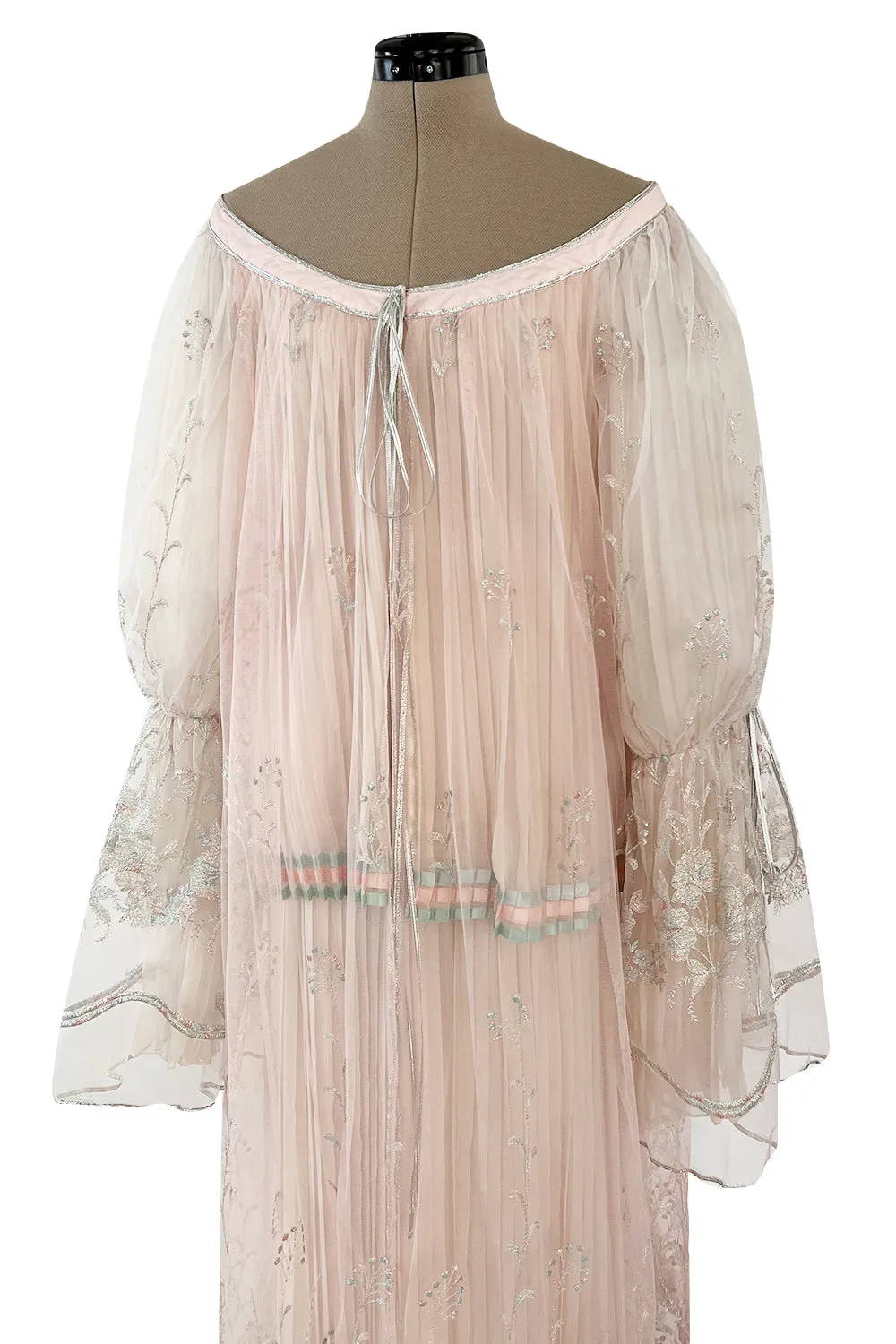 1976 Bill Gibb Couture Pleated Silk Chiffon Skirt w Metallic Thread Embroidered Silk Net Coat