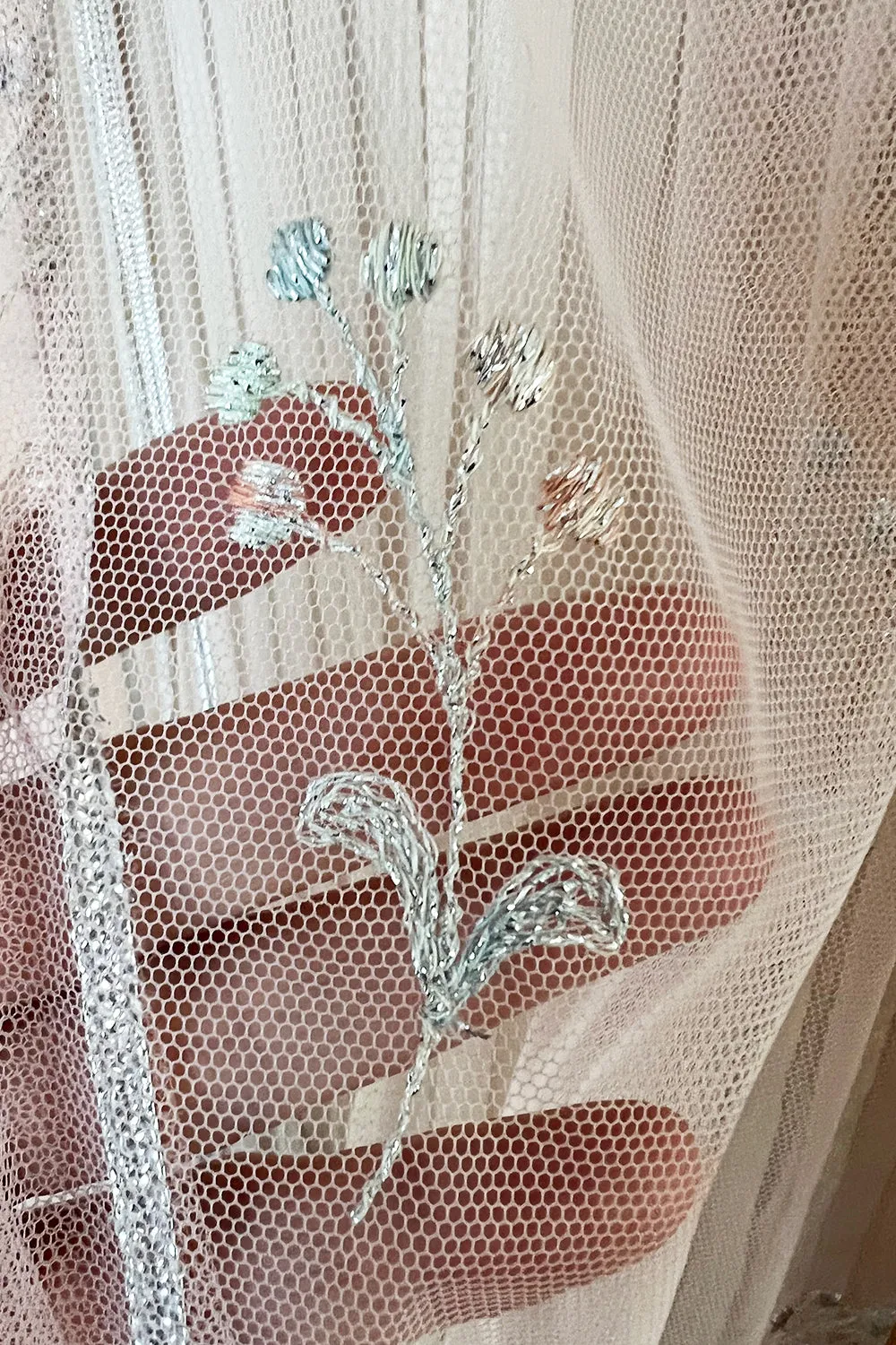 1976 Bill Gibb Couture Pleated Silk Chiffon Skirt w Metallic Thread Embroidered Silk Net Coat