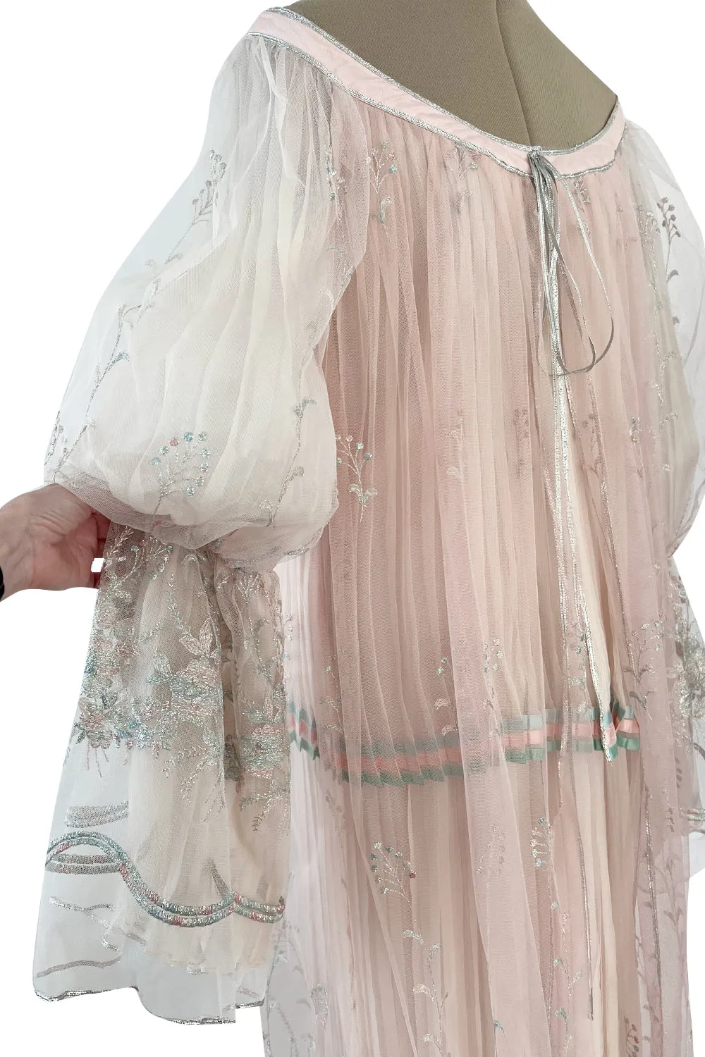 1976 Bill Gibb Couture Pleated Silk Chiffon Skirt w Metallic Thread Embroidered Silk Net Coat