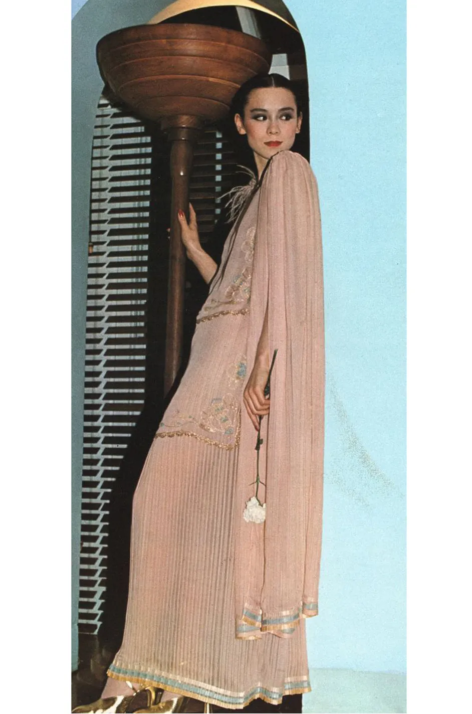 1976 Bill Gibb Couture Pleated Silk Chiffon Skirt w Metallic Thread Embroidered Silk Net Coat