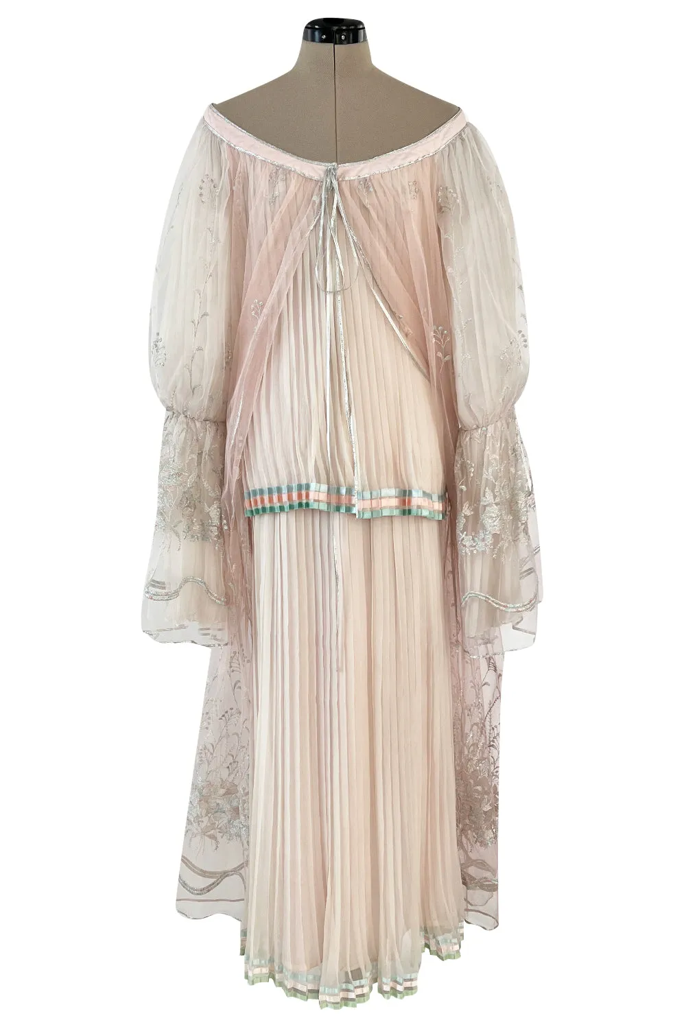 1976 Bill Gibb Couture Pleated Silk Chiffon Skirt w Metallic Thread Embroidered Silk Net Coat