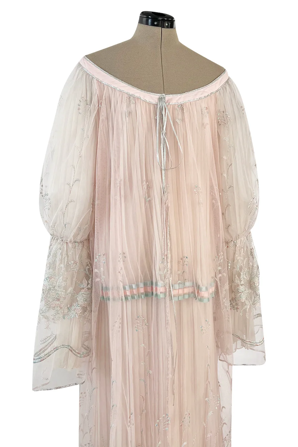 1976 Bill Gibb Couture Pleated Silk Chiffon Skirt w Metallic Thread Embroidered Silk Net Coat