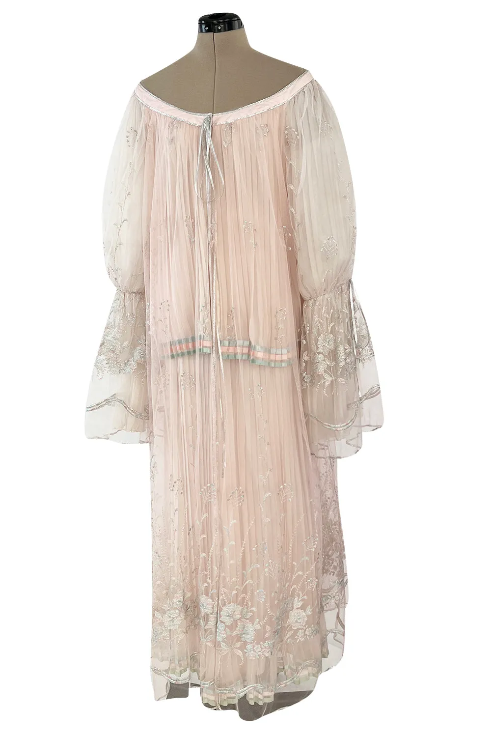 1976 Bill Gibb Couture Pleated Silk Chiffon Skirt w Metallic Thread Embroidered Silk Net Coat