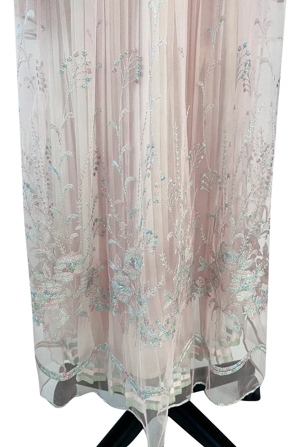 1976 Bill Gibb Couture Pleated Silk Chiffon Skirt w Metallic Thread Embroidered Silk Net Coat