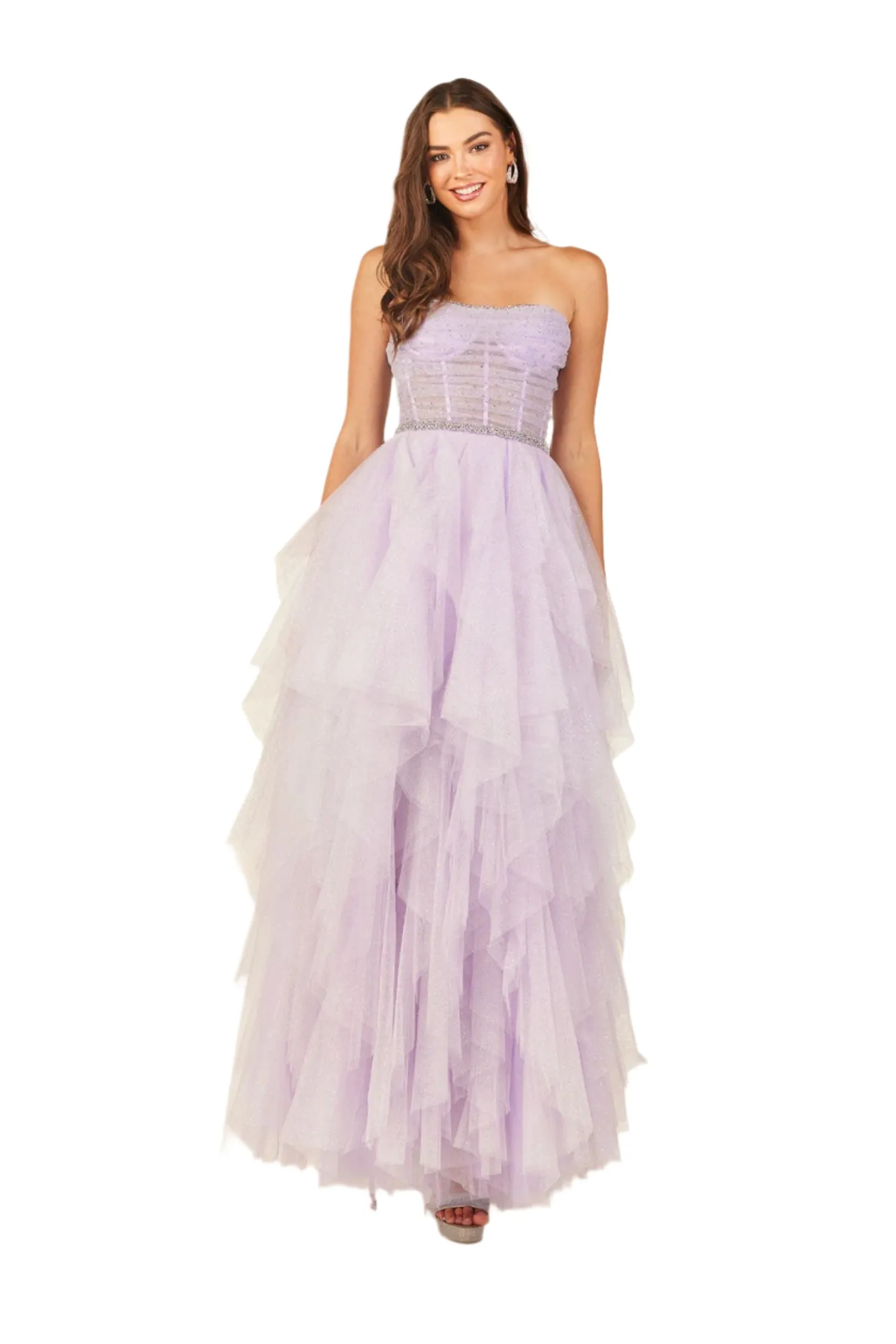 Abby Paris 90325 A Line Sheer Corset Glitter Tulle Prom Dress Layered Skirt Formal Gown