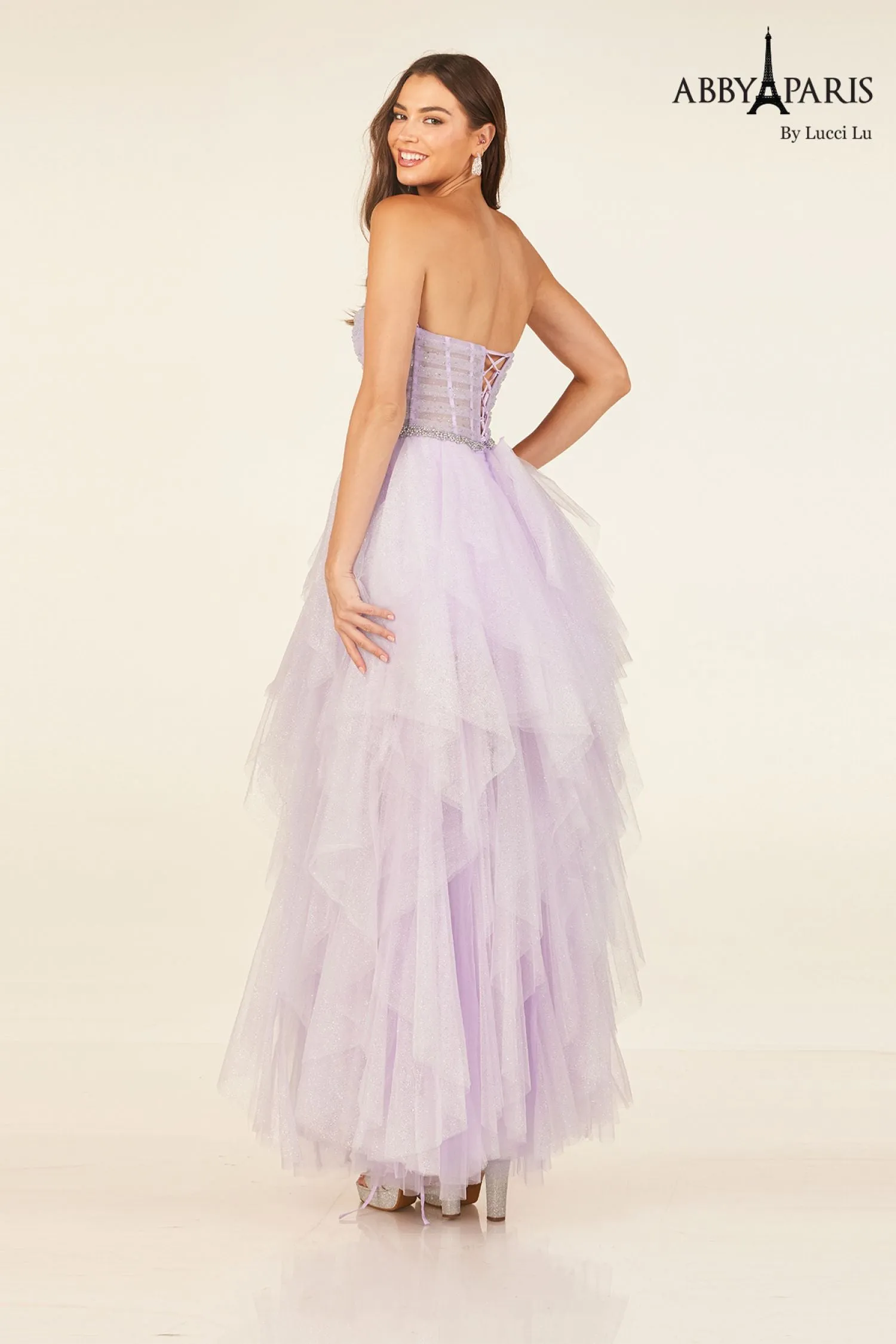 Abby Paris 90325 A Line Sheer Corset Glitter Tulle Prom Dress Layered Skirt Formal Gown