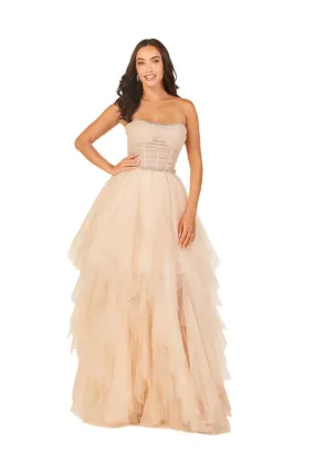 Abby Paris 90325 A Line Sheer Corset Glitter Tulle Prom Dress Layered Skirt Formal Gown