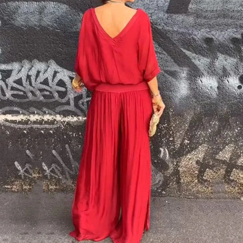 Advbridge -  Sexy V-neck Half Sleeve Blouse and Long Pants Outfits Women Fashion Draped Solid 2Pc Suit Casual Wide Legger Loose Chiffon Sets