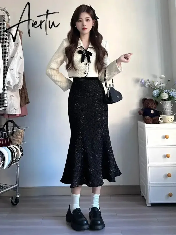 Aiertu Two Piece Set for Women Autumn Sweet Lapel Bow Short Coat Long Sleeve Slimming Half Skirt Set Korea Temperament Elegant Sets