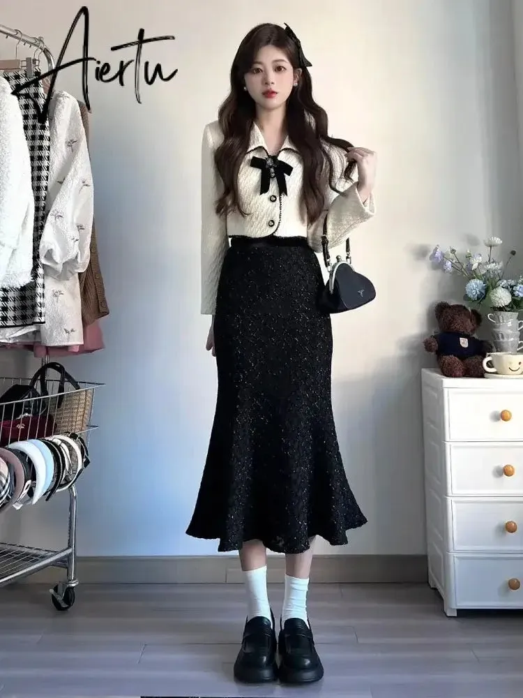 Aiertu Two Piece Set for Women Autumn Sweet Lapel Bow Short Coat Long Sleeve Slimming Half Skirt Set Korea Temperament Elegant Sets