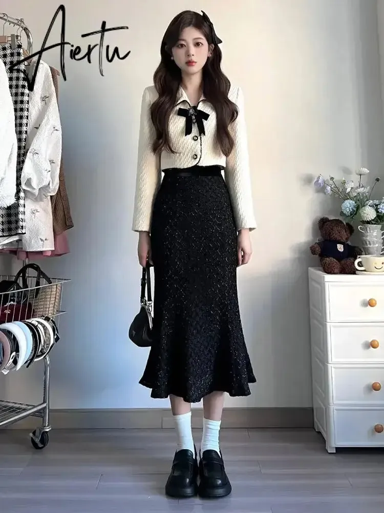 Aiertu Two Piece Set for Women Autumn Sweet Lapel Bow Short Coat Long Sleeve Slimming Half Skirt Set Korea Temperament Elegant Sets