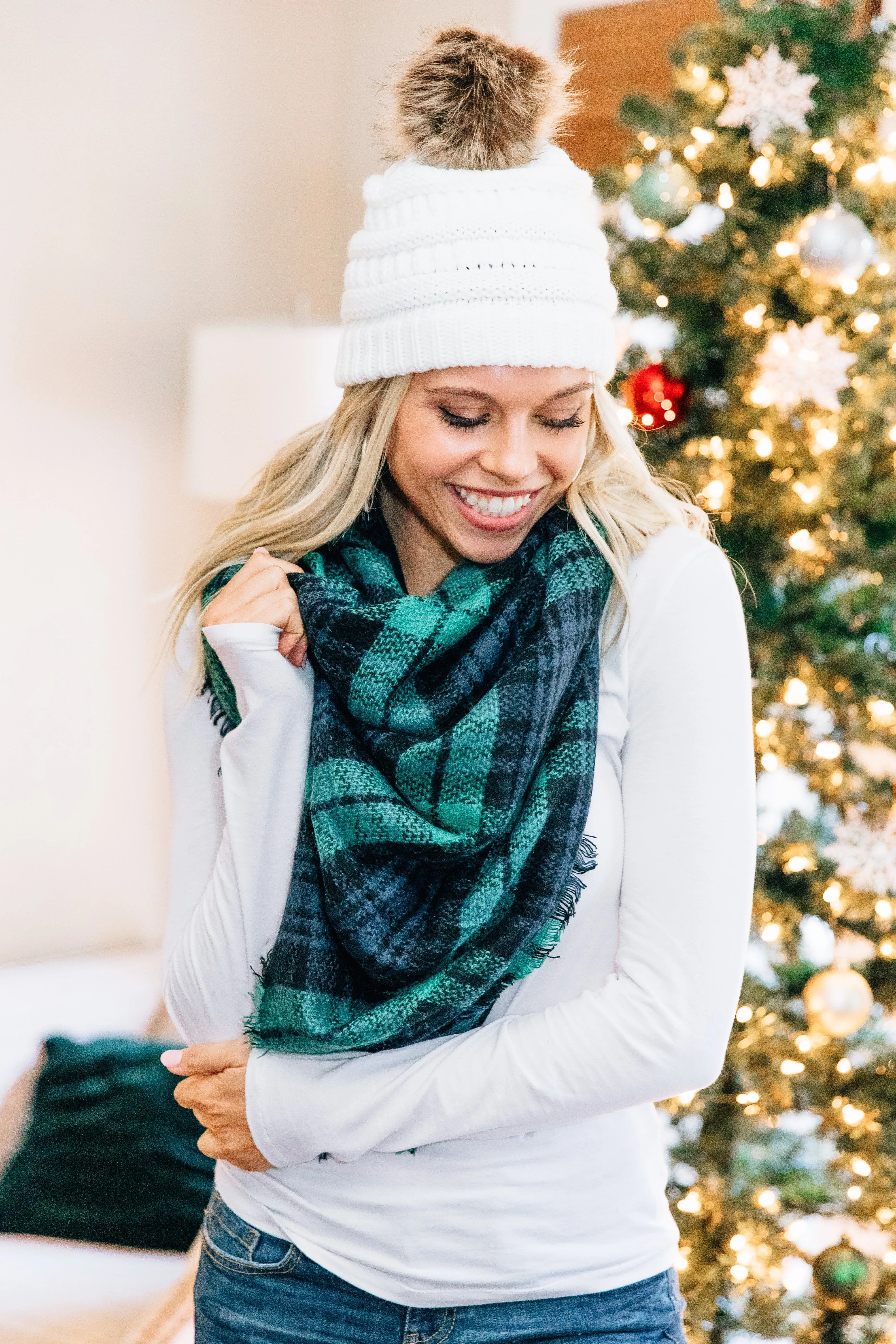 Autumn Air Green And Navy Plaid Blanket Scarf