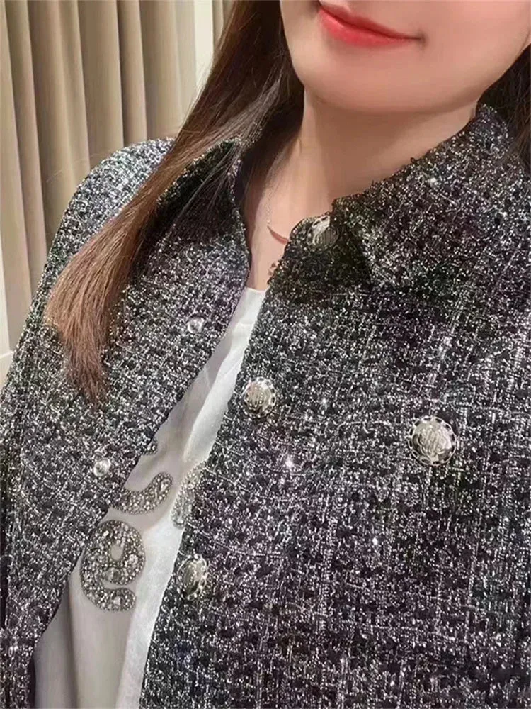 Autumn  New Ladies Turn Down Long Sleeve Short Coat or Loose Casual Skirt Women Light Luxury Tweed Single Breasted Jacket