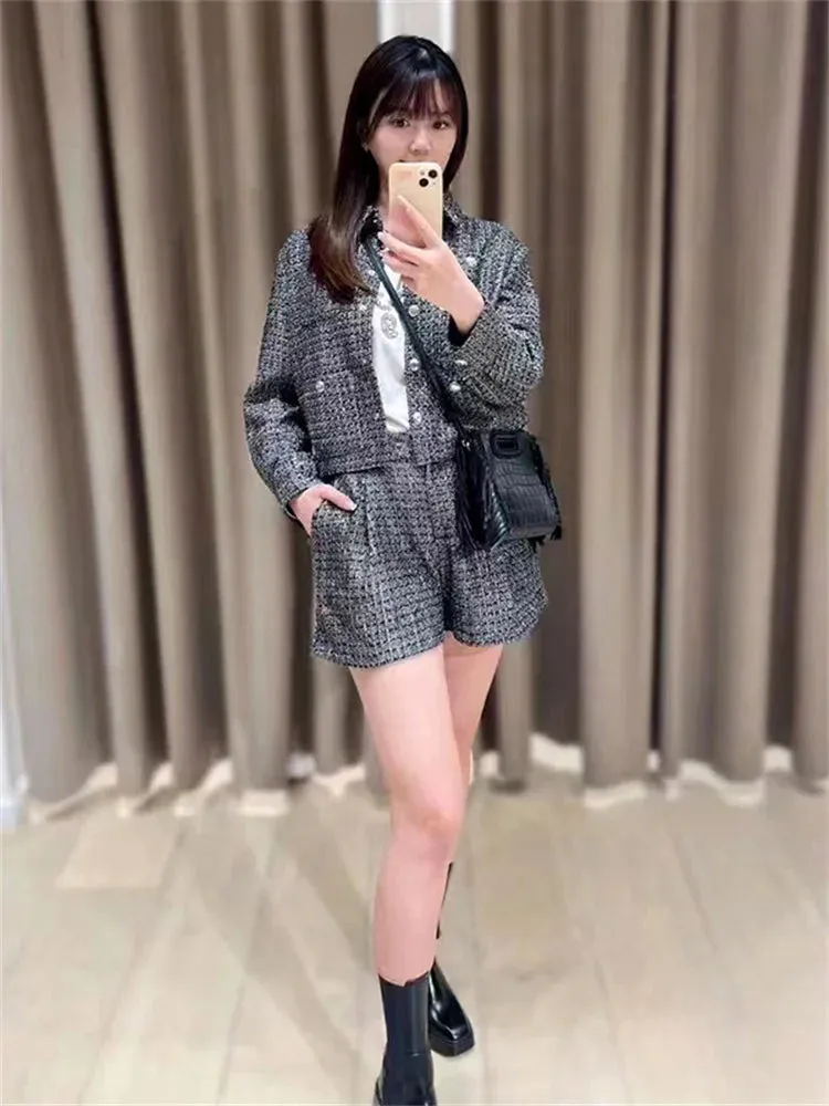 Autumn  New Ladies Turn Down Long Sleeve Short Coat or Loose Casual Skirt Women Light Luxury Tweed Single Breasted Jacket