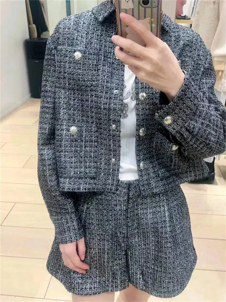 Autumn  New Ladies Turn Down Long Sleeve Short Coat or Loose Casual Skirt Women Light Luxury Tweed Single Breasted Jacket