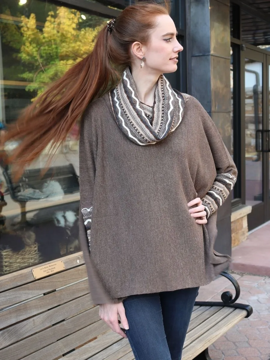 Baby Alpaca Cowl Neck Poncho with Sleeves - dark Sand