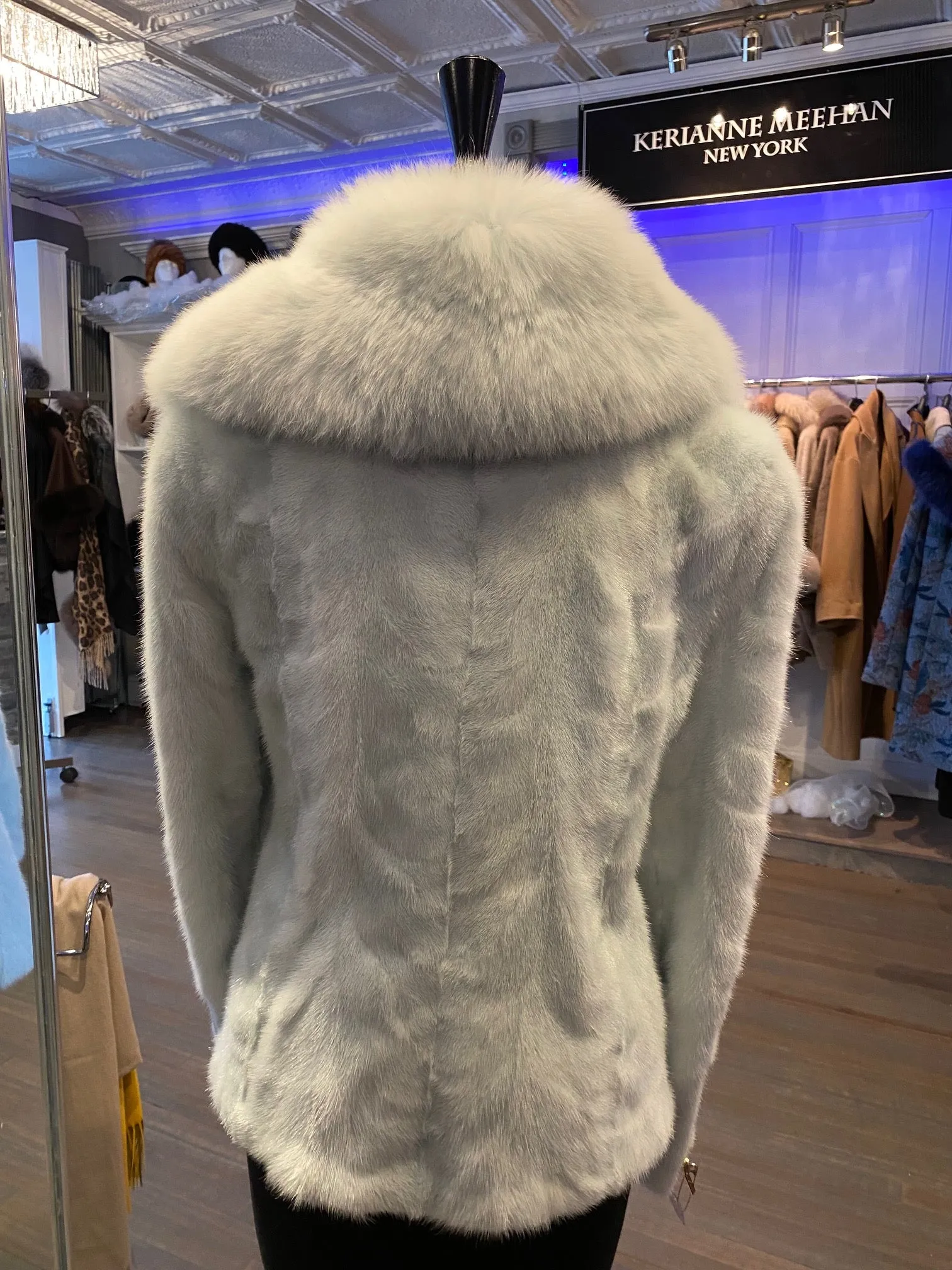 Baby Blue Mink Motorcycle Jacket with Fox Collar