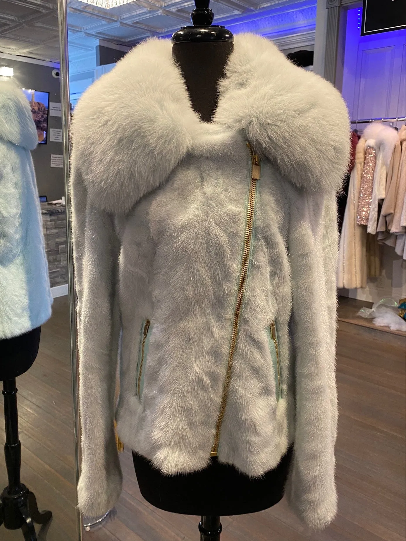 Baby Blue Mink Motorcycle Jacket with Fox Collar