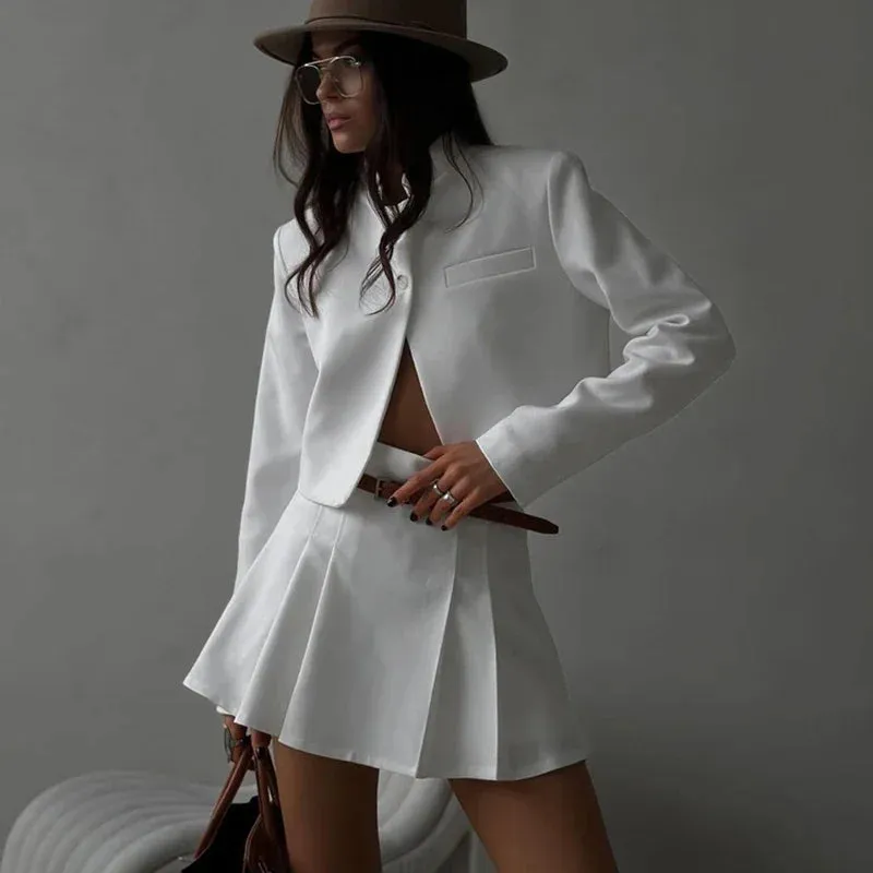 Black Friday Sonicelife White Fold Skirt Suits For Women Stand Collar Retro Coat Mini High Waist Skirt Female Fashion Party Autumn Two Pieces Set