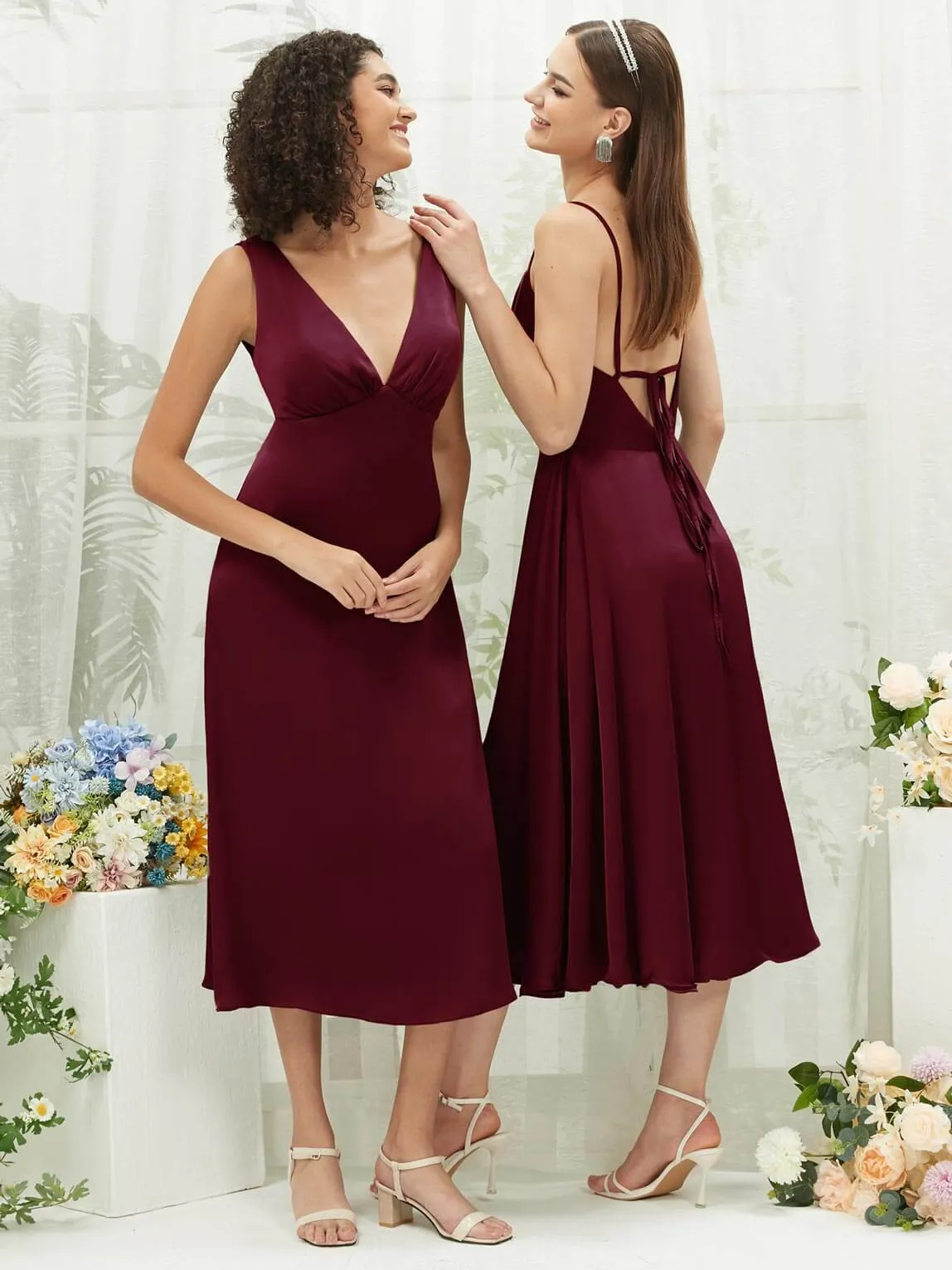 Burgundy Satin Cowl Neck Spaghetti Straps Button Slit Bridesmaid Dresses