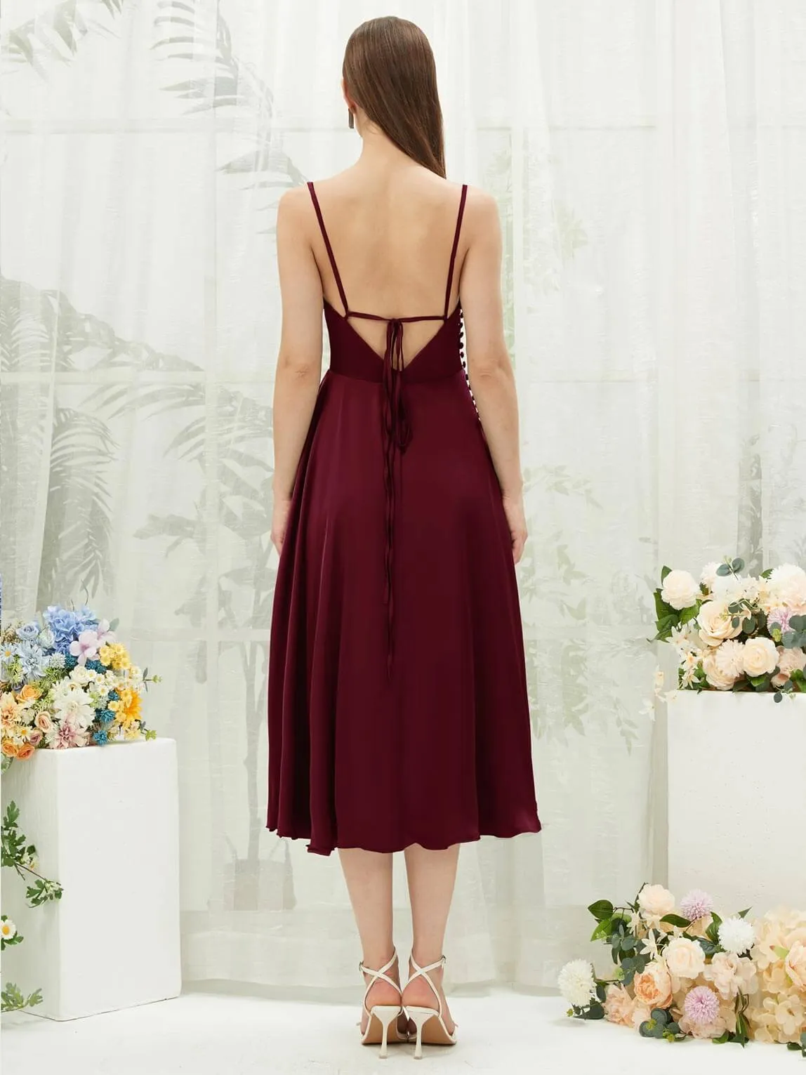 Burgundy Satin Cowl Neck Spaghetti Straps Button Slit Bridesmaid Dresses