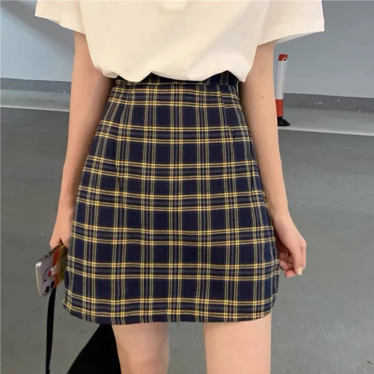 Chic short style plaid skirt, high waist a -line skirt, wrap buttock skirt  3626