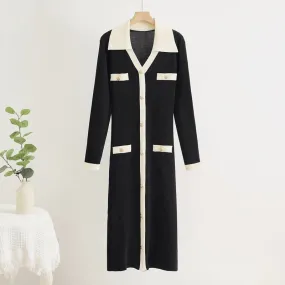 Contrast color knitted bottom long sweater dress