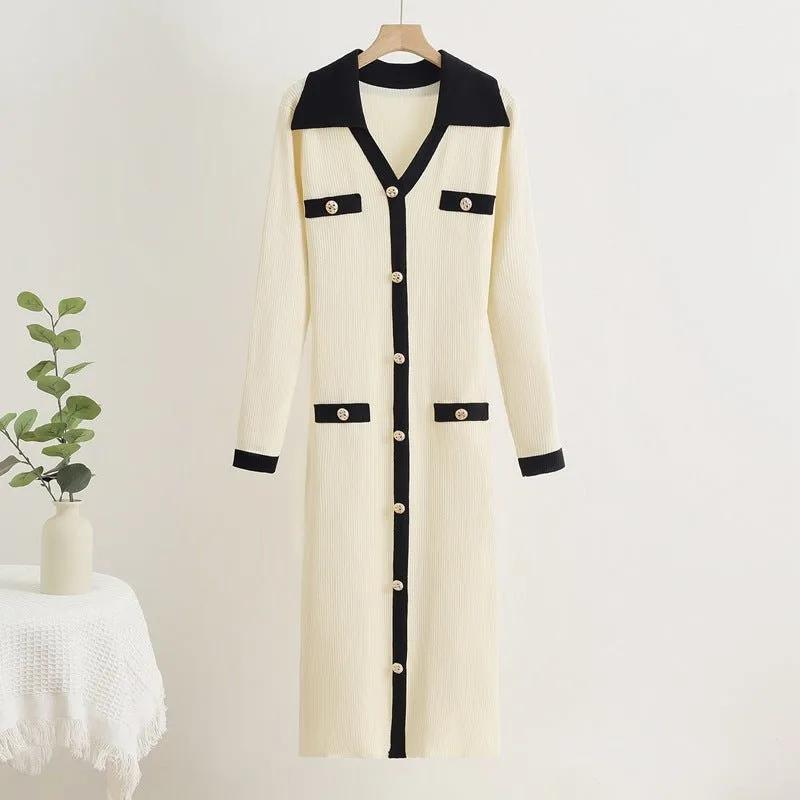 Contrast color knitted bottom long sweater dress