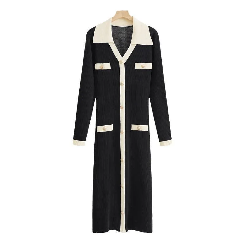 Contrast color knitted bottom long sweater dress