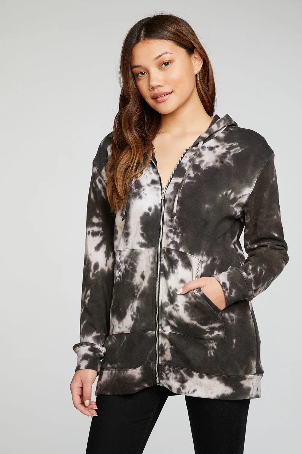 Cotton Fleece Long Sleeve Zip Up Tunic Length Hoodie