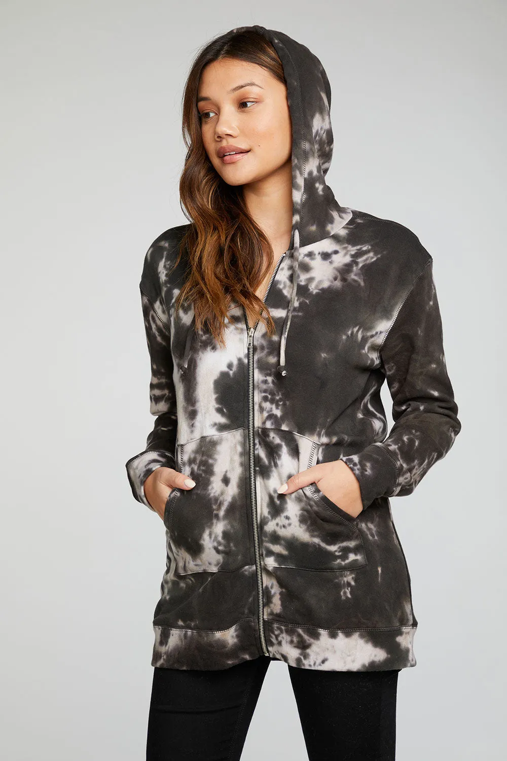Cotton Fleece Long Sleeve Zip Up Tunic Length Hoodie