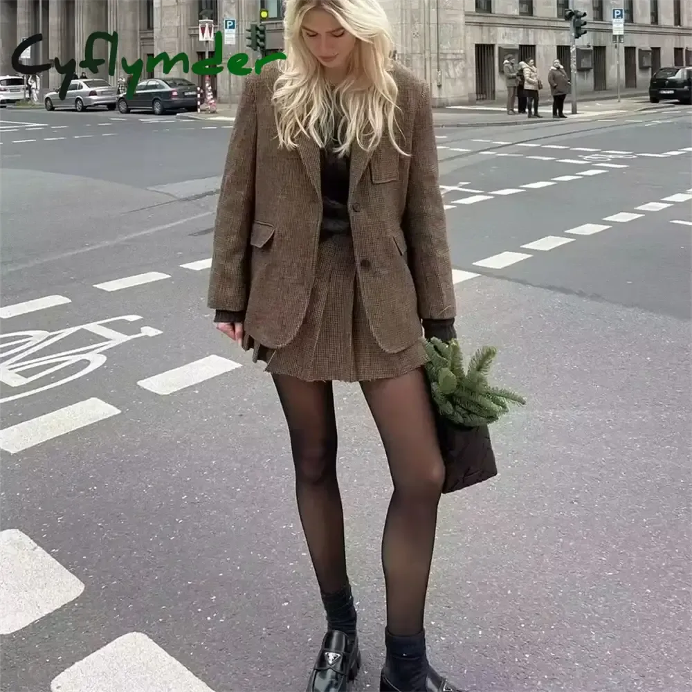 Cyflymder Autumn New Loose and Slim Suit Coat Leather Buckle Decoration Wide Pleated Skirt Pants Two Piece Set