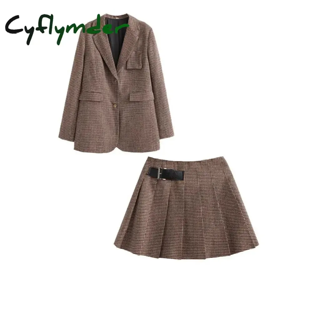 Cyflymder Autumn New Loose and Slim Suit Coat Leather Buckle Decoration Wide Pleated Skirt Pants Two Piece Set
