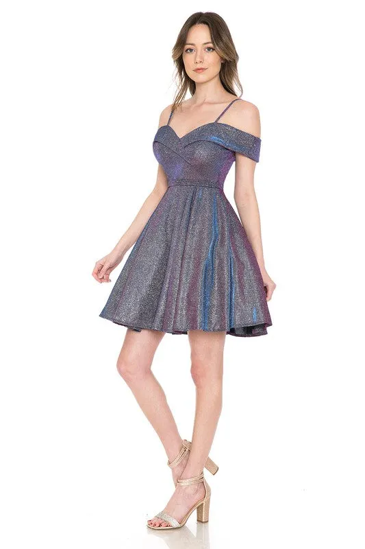 Dark Purple Metallic Sweetheart Off Shoulder Short Dress