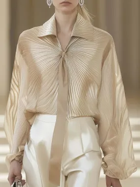 Elegant and Individual Beige Lace-up Pleated Loose Shirt
