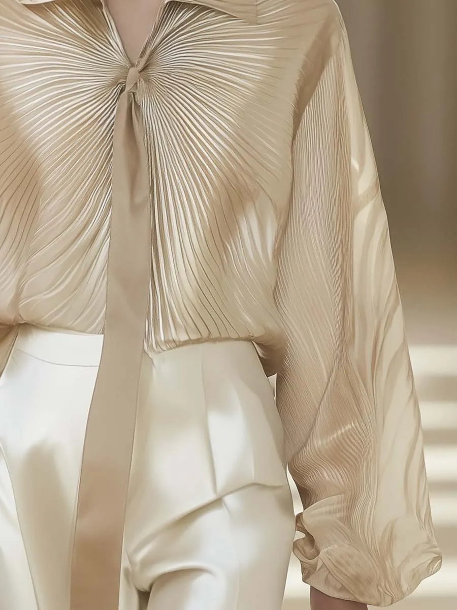 Elegant and Individual Beige Lace-up Pleated Loose Shirt