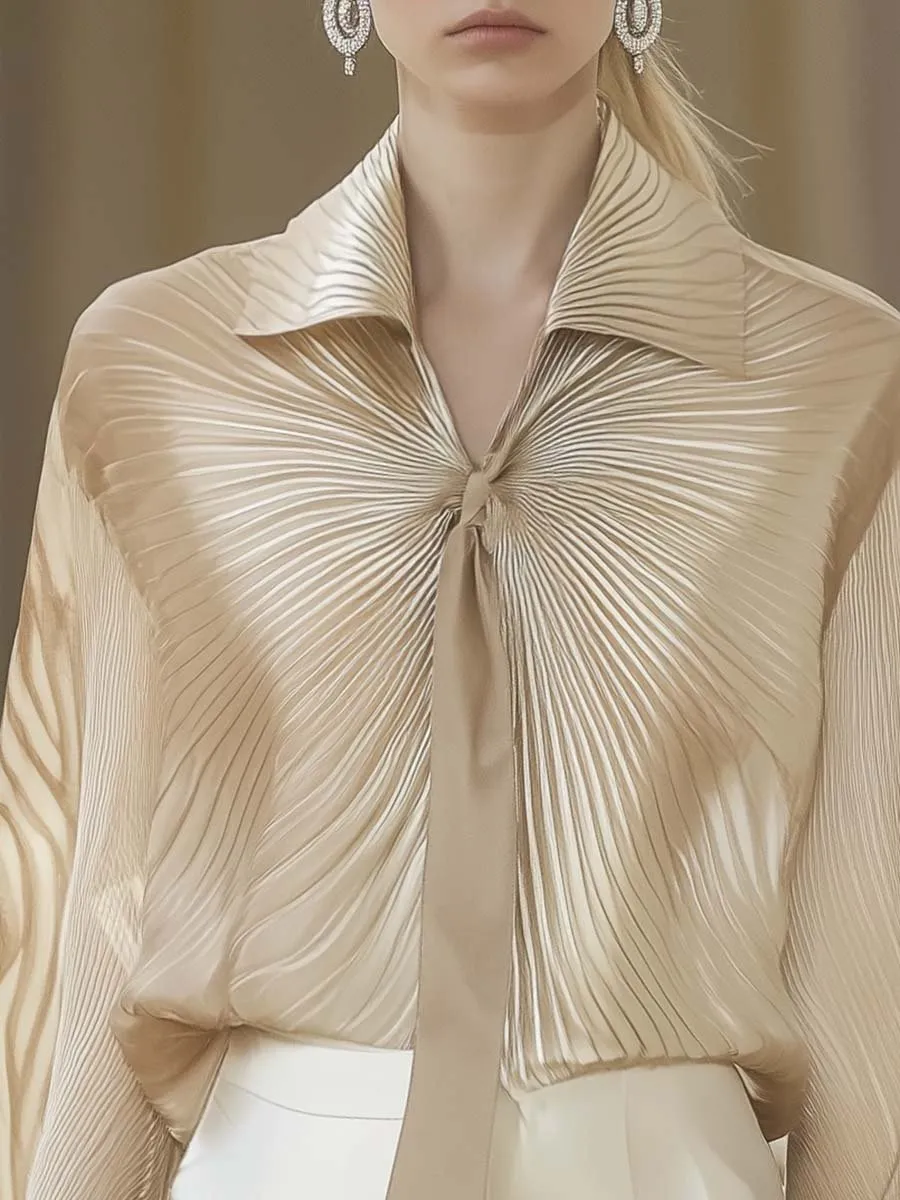 Elegant and Individual Beige Lace-up Pleated Loose Shirt