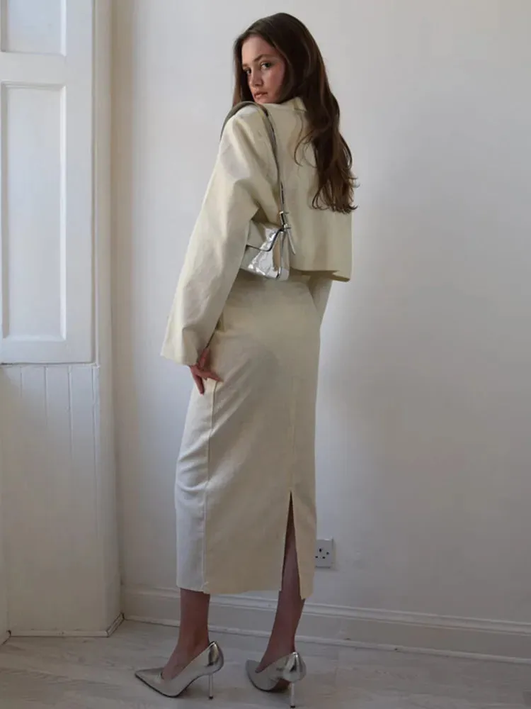 Elegant Blazer Two Piece Set Women Fashion Lapel Long Sleeve Coat And Long Skirt Ladies Fashion Office Lady Skirt Sets
