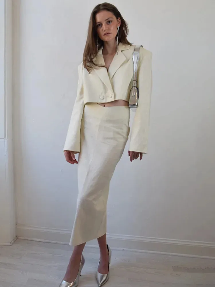 Elegant Blazer Two Piece Set Women Fashion Lapel Long Sleeve Coat And Long Skirt Ladies Fashion Office Lady Skirt Sets
