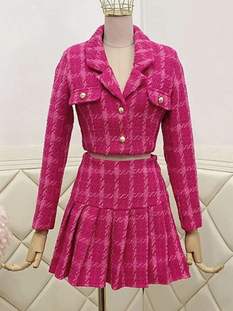 Fall Small Fragrance Vintage Tweed Two Piece Set Women Crop Top Woolen Short Jacket Coat   Mini Skirts Sets Sweet 2 Piece Suits
